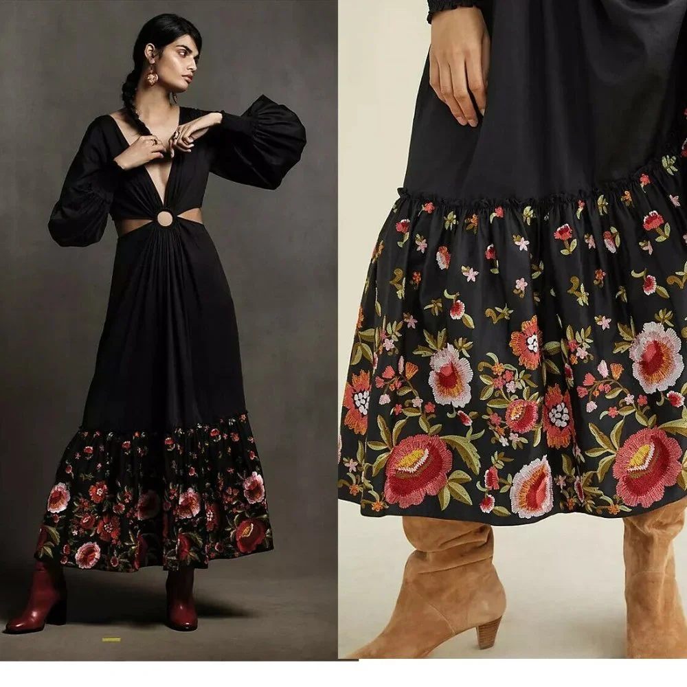 Anthropologie Karolina embroidered Cut-Out Maxi Dress